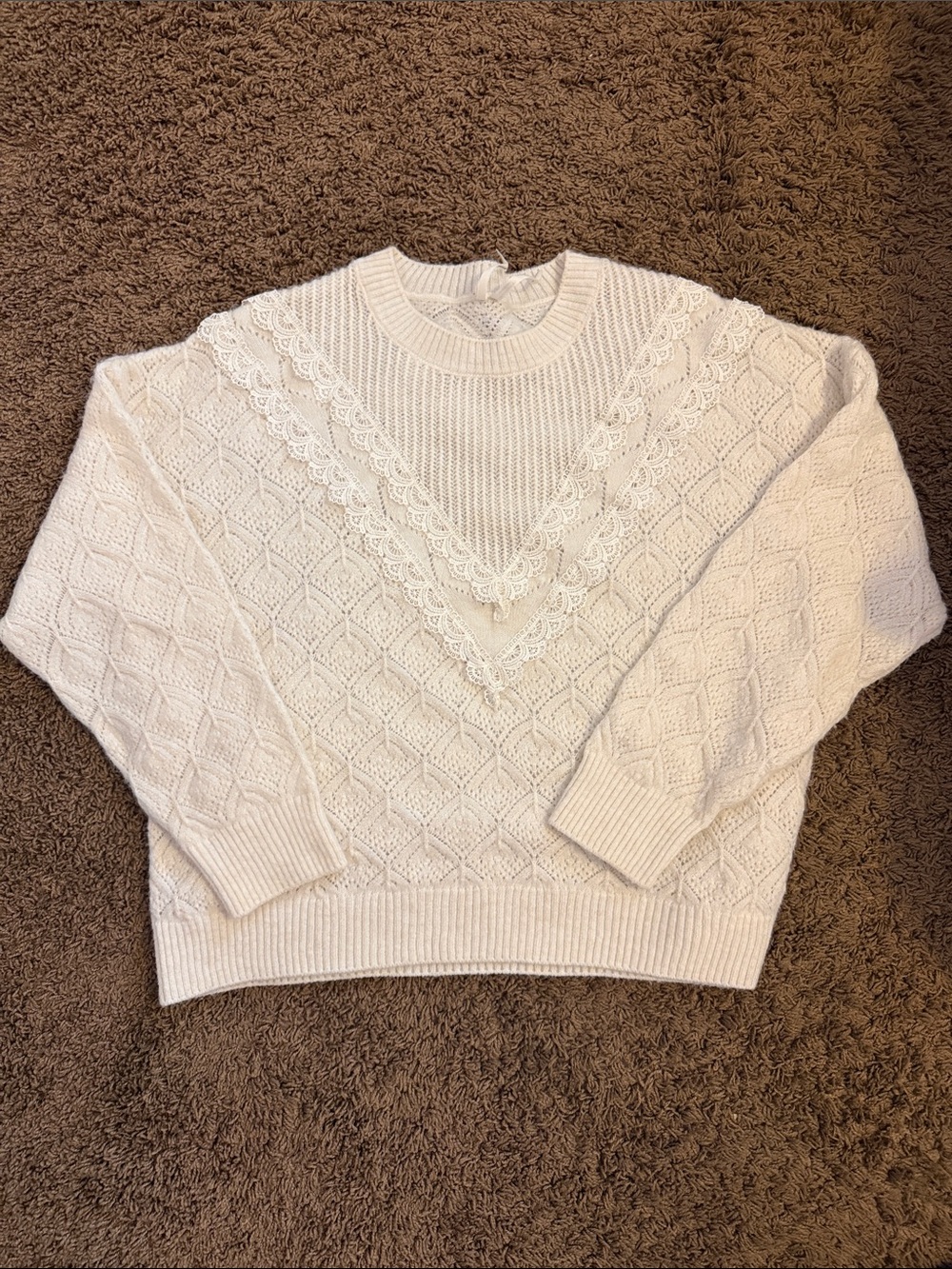 Anthropologie Lace-Trim Cream Women's Sweater